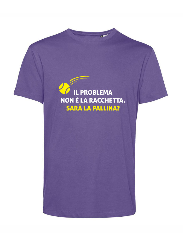 Maglietta con scritta divertente di tennis "Il problema non è la racchetta. Sarà la pallina?", tshirt viola, Teetogo