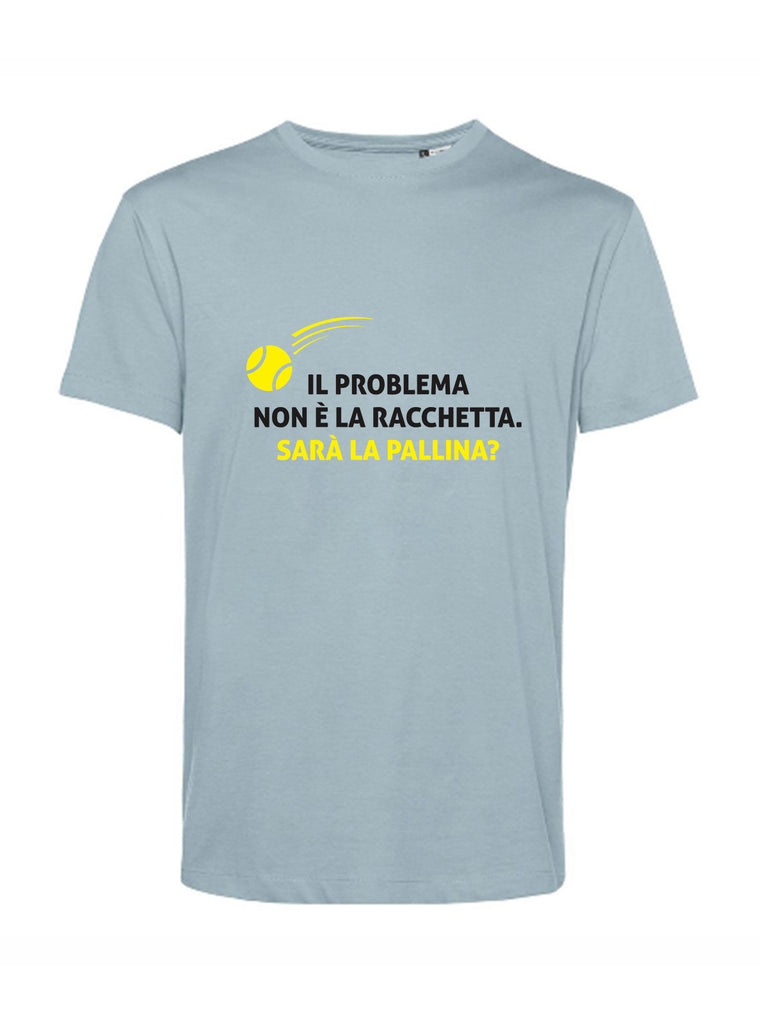 Maglietta con scritta divertente di tennis "Il problema non è la racchetta. Sarà la pallina?", tshirt blu, Teetogo