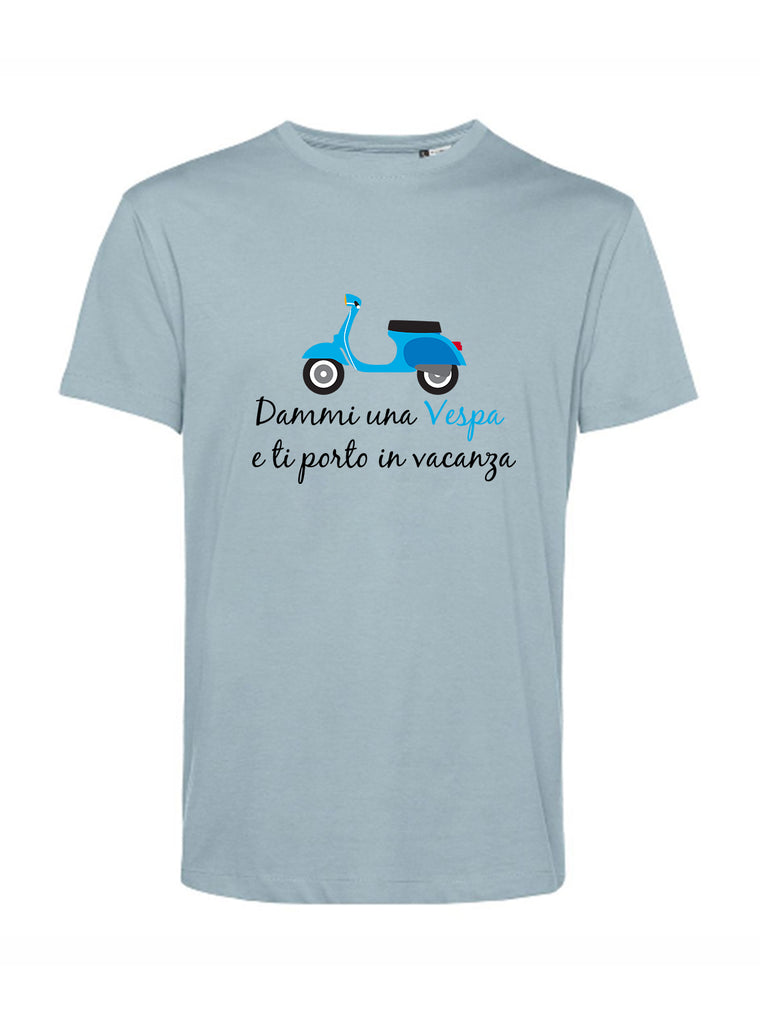 Maglietta vespa blu con scritta "Dammi una Vespa e ti porto in vacanza"    