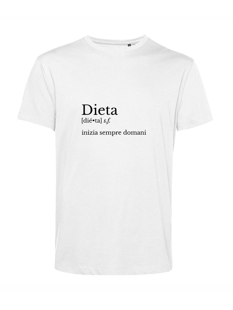 Maglietta bianca con scritta "Dieta: inizia sempre domani". By Teetogo.