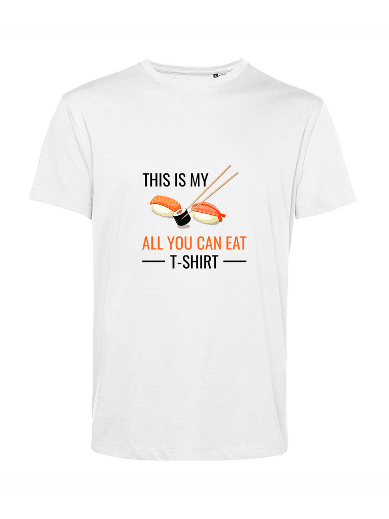 Maglietta bianca con disegno sushi e scritto "My all you can eat t-shirt" 