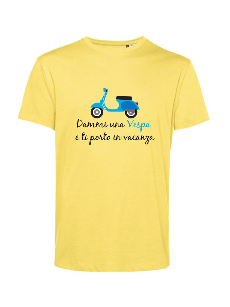 Maglietta vespa gialla con scritta "Dammi una Vespa e ti porto in vacanza"    